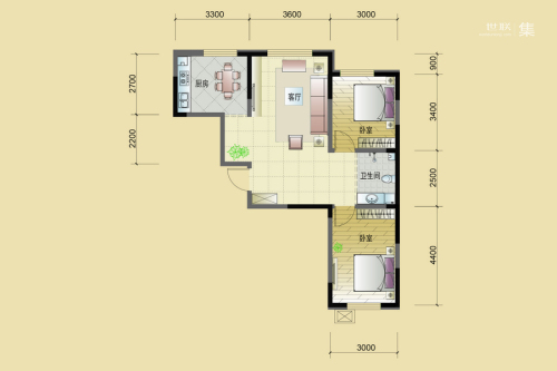 东逸美郡二期C户型-2室1厅1卫1厨建筑面积92.29平米