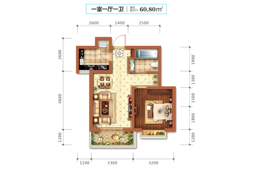 高远尚东城1#A2户型-1室1厅1卫1厨建筑面积60.80平米