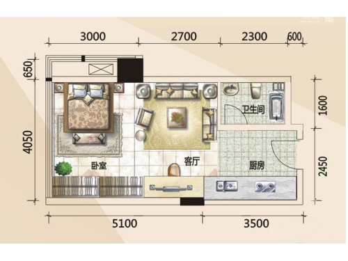 779财富中心B户型-1室1厅1卫1厨建筑面积43.83平米