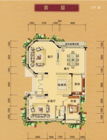 山水豪廷F户型平面图首层-1室3厅1卫1厨建筑面积120.00平米