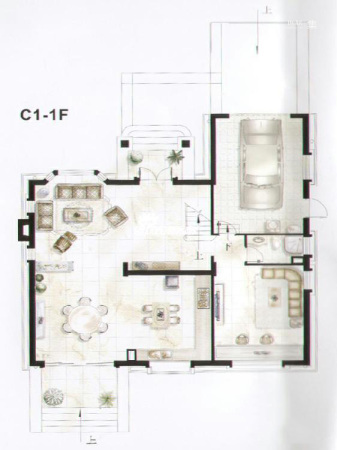 上海高尔夫新城独栋别墅C1户型一层-3室4厅3卫1厨建筑面积287.00平米