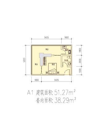 左岸骏景公寓A1-1室1厅1卫1厨建筑面积51.27平米