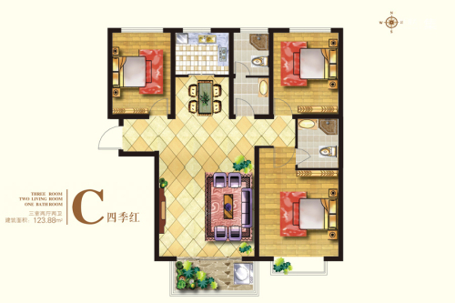 枫林水岸1#和2#标准层C户型-3室2厅2卫1厨建筑面积123.88平米