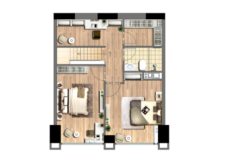 欧亚国际D户型上层（平面）-2室2厅2卫1厨建筑面积57.44平米