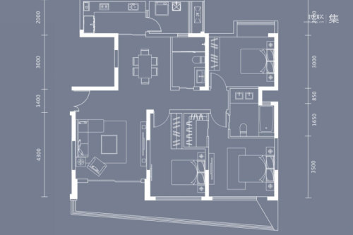 中环丰锦4、6、10、12号楼标准层C2户型-3室2厅2卫1厨建筑面积131.00平米