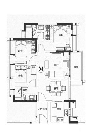 保利紫云B2-04户型-3室2厅2卫1厨建筑面积95.93平米