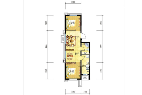 盾安·新一尚品5#C户型-2室2厅1卫1厨建筑面积71.54平米