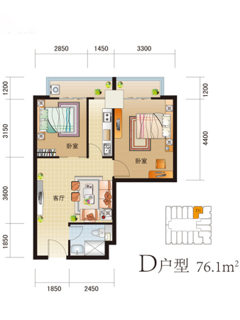 尚峰汇标准层D户型-2室1厅1卫1厨建筑面积76.10平米