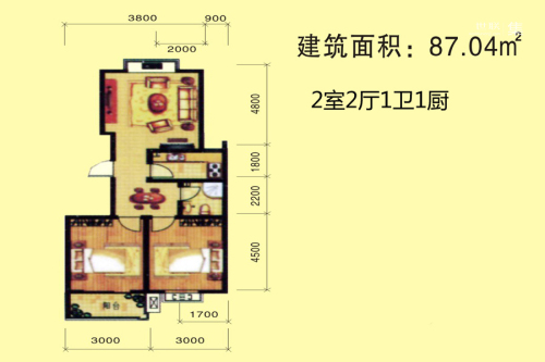 公园新世纪5号楼87.04平户型-2室2厅1卫1厨建筑面积87.04平米