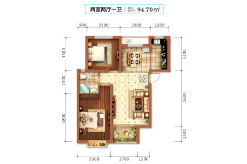 高远尚东城3#5#B3户型-2室2厅1卫1厨建筑面积94.70平米