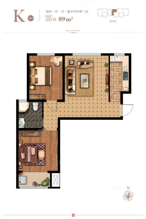 天海·博雅盛世D区标准层K户型-2室1厅1卫1厨建筑面积89.00平米