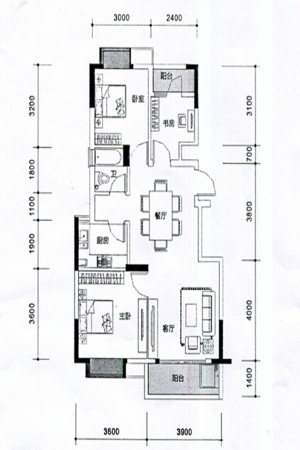 未来城14#2-102户型-3室2厅1卫1厨建筑面积89.62平米