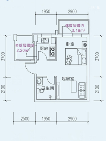 海伦堡B座G户型-1室1厅1卫1厨建筑面积38.00平米