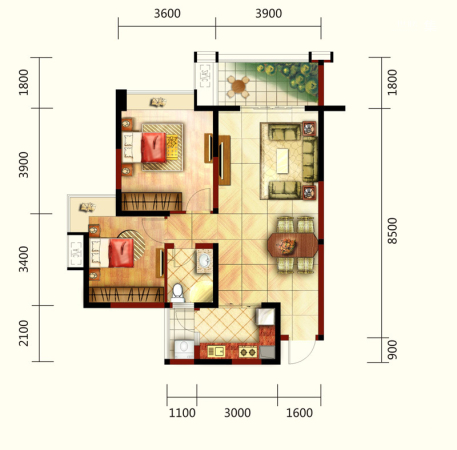 和信孔雀天成三期6-9栋标准层E6户型-2室2厅1卫1厨建筑面积85.36平米