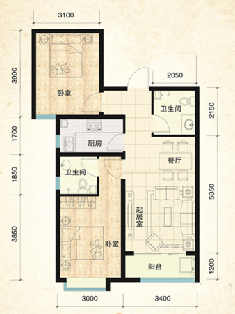 鑫界9号院3#5#6#标准层I户型-2室2厅2卫1厨建筑面积85.08平米