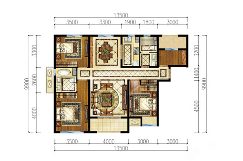 中海金玺公馆134平三居户型-4室2厅2卫1厨建筑面积134.00平米
