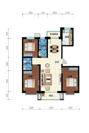 金灿家园2#C1户型-3室2厅2卫1厨建筑面积133.18平米