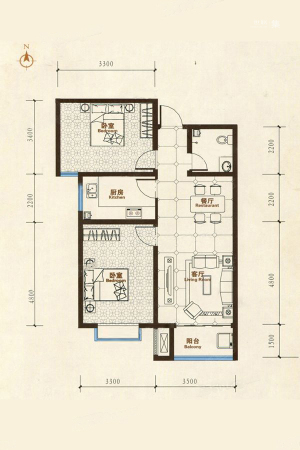 鑫界9号院3#-4户型-2室2厅1卫1厨建筑面积92.65平米