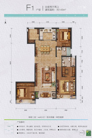 中国铁建·理想家F1户型-4室2厅2卫1厨建筑面积145.00平米