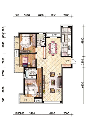 尚景·新世界160平米户型-3室2厅2卫1厨建筑面积160.00平米