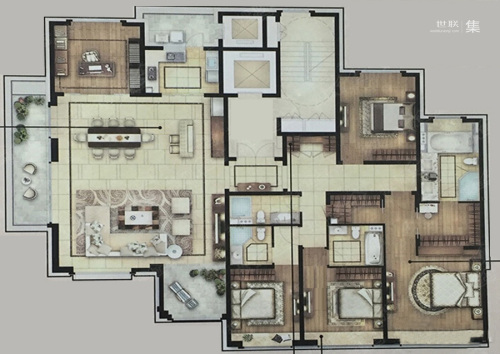 绿地海珀玉晖E户型-4室2厅4卫1厨建筑面积297.00平米