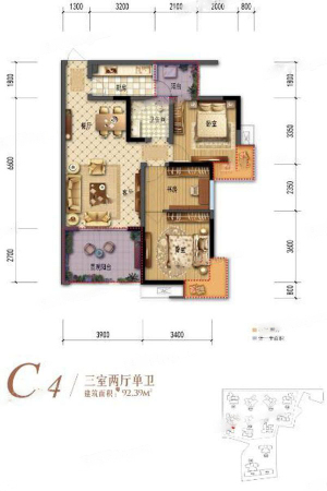 棠湖清江花语一期C-4户型标准层-3室2厅1卫1厨建筑面积92.39平米