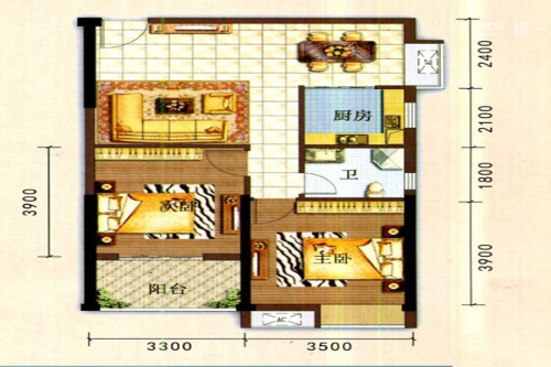 中兴金海湾H2户型-2室2厅1卫1厨建筑面积83.89平米