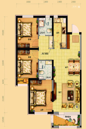 美的城C4户型-3室2厅2卫1厨建筑面积108.80平米