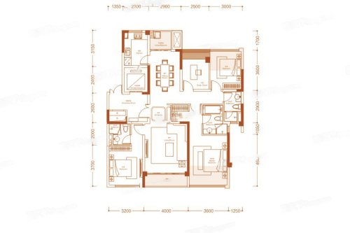 蓝光雍锦世家1期6号楼高层户型图-4室2厅2卫1厨建筑面积146.00平米