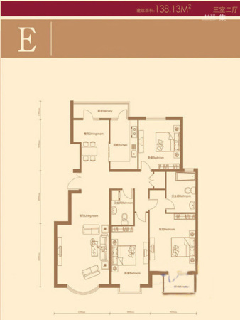 京洲世家E户型-3室2厅2卫1厨建筑面积138.13平米