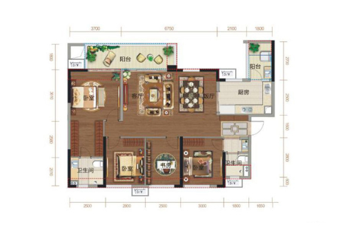 万科第五城1-12栋标准层120平户型-4室2厅2卫1厨建筑面积120.01平米