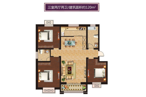 中央华府E户型-3室2厅2卫1厨建筑面积120.00平米