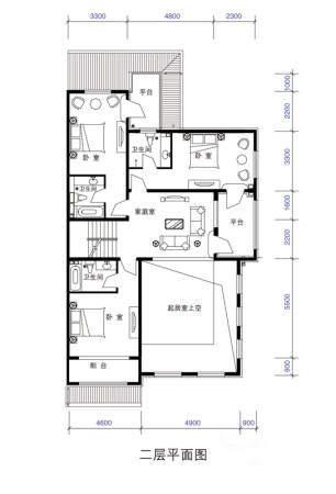 世佳别墅双拼D1户型二层户型-3室1厅3卫1厨建筑面积480.00平米