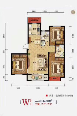 华源公园1号W1户型-3室2厅2卫1厨建筑面积106.80平米