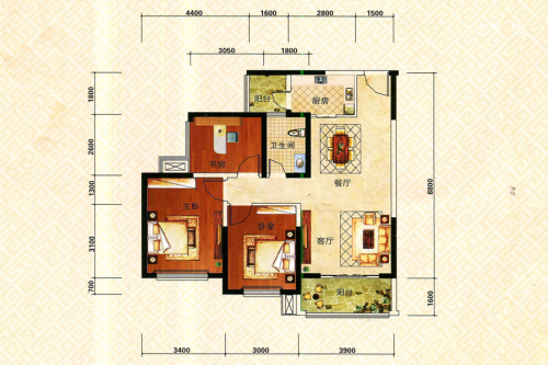圣景龙湾二期1#03、04户型-3室2厅1卫1厨建筑面积84.35平米