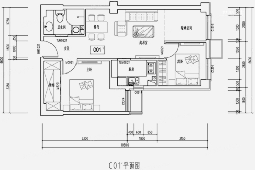 首开保利锦都家园C01’户型-C01’户型-2室2厅1卫1厨建筑面积80.00平米