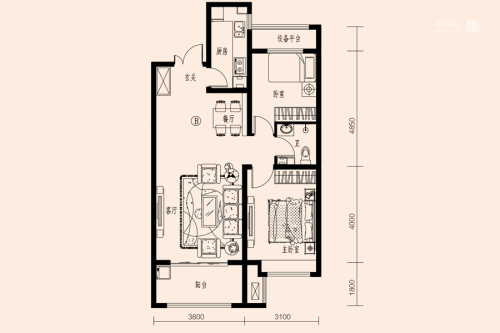鸿昇广场燕园5#-7#标准层B户型-2室2厅1卫1厨建筑面积87.53平米