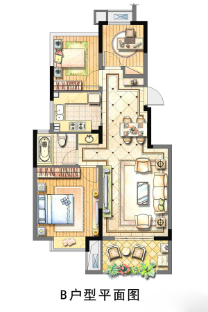 金地格林格林一期03幢标准层B户型平面图-3室2厅1卫1厨建筑面积85.00平米