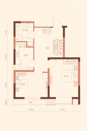 美域天成J户型-2室2厅1卫1厨建筑面积67.00平米