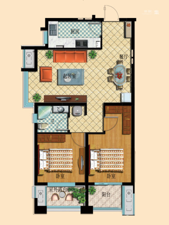 纳里印象1#5#标准层B户型-2室2厅1卫1厨建筑面积91.88平米
