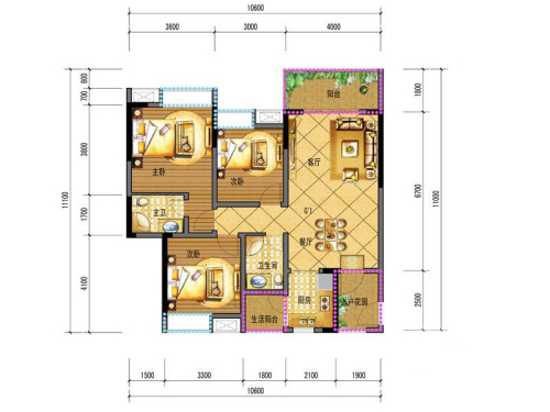 熙水岸1期1、3栋标准层G1户型-3室2厅2卫1厨建筑面积104.94平米