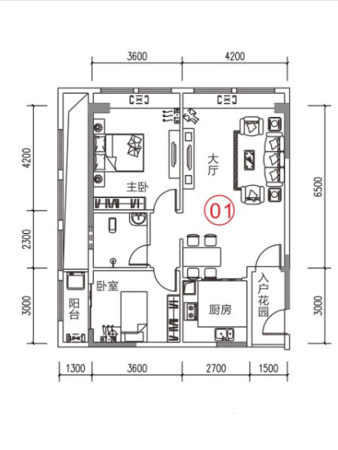 世鑫大厦一期1号楼1单元01、2单元04户型-2室2厅1卫1厨建筑面积90.06平米