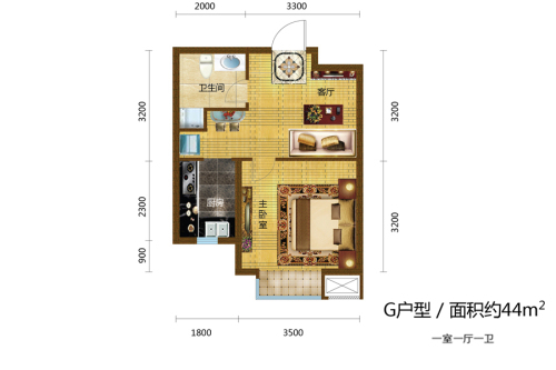 格林喜鹊花园G户型-G户型-1室1厅1卫1厨建筑面积44.00平米