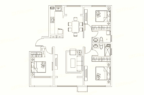 保利城C4户型-3室2厅2卫1厨建筑面积127.00平米
