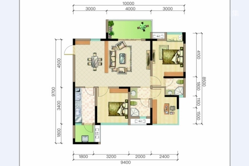天来汇景3#标准层C1户型-3室2厅2卫1厨建筑面积98.86平米