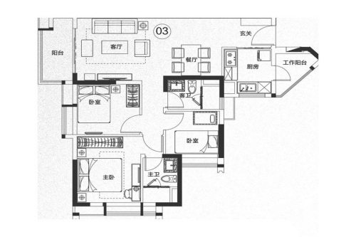 保利紫云B1-03户型-3室2厅2卫1厨建筑面积98.67平米