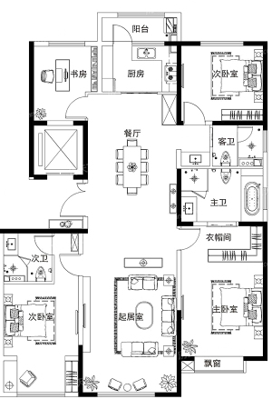 中粮天恒·天悦壹号150平户型-4室2厅3卫1厨建筑面积150.00平米