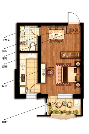 翠微林屿所有楼栋标准层B户型-1室1厅1卫1厨建筑面积45.00平米