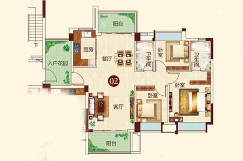 日华坊二期2栋02户型-3室2厅2卫1厨建筑面积107.00平米