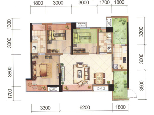 东原城二期7号楼标准层C2户型-3室2厅2卫1厨建筑面积89.26平米